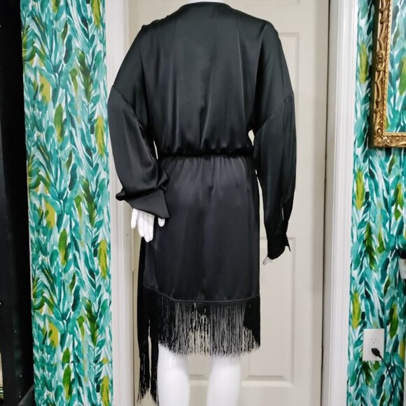 H&M Fringe-Trimmed Satin Surplice Whimsy Boho Festival Wrap Dress Black Medium - Picture 4 of 11
